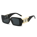 Fashionable square frame sunglasses with wide temples and golden metal hollowed details - Black Frame Grey Lens
