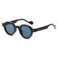 Retro round thick frame steampunk sunglasses with blue lenses and wavy temple design - Black Frame Black Grey Lens