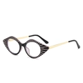 Retro cat-eye eyeglasses with pink gold stripes and gold metal temples on white background - Black Frame with Pink Stripes