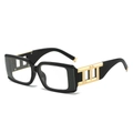 Square black sunglasses with bold frames and luxury gold geometric temple accents - Black Frame Clear Lenses