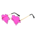 Pink leaf-shaped rimless sunglasses with gold metal frame and maple leaf lens design - Regular / Dark Purple
