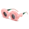 Pink plush oval sunglasses with green gradient temples and dark grey fashion lenses - Pink Fur (Green Frame)