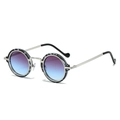 Lunettes de soleil punk vintage avec monture ronde argentée et verres dégradés bleus - Monture Écaille Fleur de Haricot Verre Gris Bleu