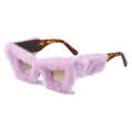 Creative lavender plush cat eye sunglasses with brown tortoiseshell temples on white background - Purple Fur