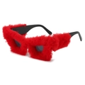 Creative red plush fur square cat eye sunglasses with black temples for festive party wear - Red Plush