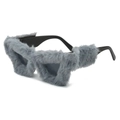 Creative gray plush cat eye sunglasses with furry frames and black glossy temples - Grey Fur
