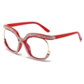 Oversized red owl frame glasses with shimmering white rhinestones and blue light blocking - Red
