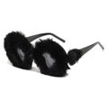Occhiali da sole rotondi alla moda con bordo in peluche nero e lenti scure lucide - Pelliccia Sintetica Nera