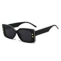 Square black sunglasses with white piping and gold star accents on a wide temple - Black Frame Black Grey Lens