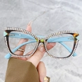 Cat eye glasses frames with leopard pattern and sparkling rhinestones on blue temples - Leopard Frame Blue Legs / Clear Lens (Anti-Blue Light)