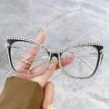 Cat eye glasses featuring black frames with rhinestone chains and clear temples - Black Frame Clear Lens / Clear Lens (Anti-Blue Light)