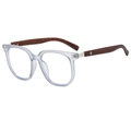Polygonal blue transparent glasses frame with wood grain temples at a 45-degree angle - Sand Gray Frame Clear Lens