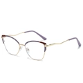 Cat eye patchwork glasses frame in purple and gold metal with wavy temple design - Purple Frame / Clear Anti-Blue Light