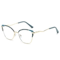 Cat eye metal glasses with teal accents and stylish wavy temples on white background - Blue / Clear Anti-Blue Light
