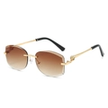 Frameless oversized sunglasses with brown gradient lenses and golden leopard head decor - Gold Frame Gradient Tea Lens