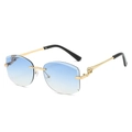 Frameless gold sunglasses with blue gradient lenses and decorative metal leopard head - Gold Frame Gradient Blue