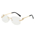 Lunettes de soleil polygonales sans monture avec décor léopard doré et embouts noirs - Monture Dorée Verres Blancs