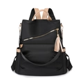 Women's black nylon backpack with khaki trim and tricolor fringe tassel charm - Black / One Size