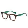 Square dark brown frames with translucent green temples and retro silver rivets - Brown Frame with Green Legs