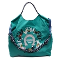 Borsa tote turchese con ricamo di cavalli colorati e manici in corda intrecciata blu - Verde