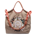 Borsa tote Oxford kaki con ricamo di cavallo e spallacci intrecciati colorati - Cachi