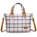 Pink and gray checkered canvas tote bag with adjustable brown leather shoulder strap - Pink