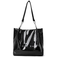 Black glossy patent leather tote bag with white TOTE BAG text and silver chain strap - Black