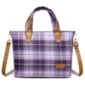 Sweet purple plaid tote bag with brown handles and adjustable crossbody strap - Purple