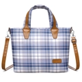 Blue and purple plaid tote bag with brown leather handles and adjustable shoulder strap - Blue