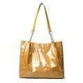 Mustard yellow tote bag in glossy patent finish with TOTE BAG lettering and chain strap - Brown