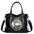 Sac fourre-tout élégant en cuir PU noir avec relief métallique d'éléphant vintage - Noir