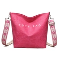 Fuchsia textured tote bag with TOTE BAG print and pink geometric patterned strap - Rose Red