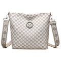 Beige Eimertasche aus weichem Leder mit M-Muster und gewebtem Schultergurt - Weiß