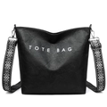 Black PU leather tote bag with white TOTE BAG print and geometric patterned wide strap - Black