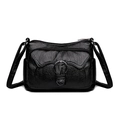 Practical multi-pocket black leather shoulder bag with vintage metal ring buckle - Black