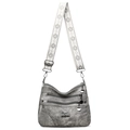 Sac cabas en cuir mat gris avec trois zips frontaux et bandoulière large à motifs - Gris