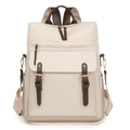 Sac à dos chic en nylon beige avec bretelles en cuir PU marron et détails de boucle dorée - Blanc Cassé