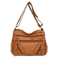 Sac bandoulière marron vintage en cuir souple avec plusieurs poches zippées et grand volume - Marron
