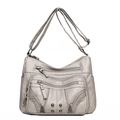 Rice gray soft leather crossbody bag for women with multi-layer zippers and rivets - Off White