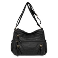 Sac bandoulière noir multi-poches en cuir souple avec fermetures éclair dorées - Noir