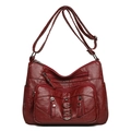 Deep red multi-pocket crossbody bag with lychee texture PU leather and metal rivets - Red