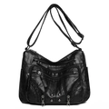 Classic black multi-pocket crossbody bag in soft washed PU leather with rivet details - Black