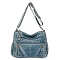 Sac bandoulière vintage bleu denim en cuir délavé avec poches zippées multiples - Bleu