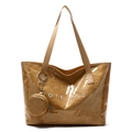 Brown vintage tote bag with TOTE BAG lettering, glossy texture, and small round coin pouch - Brown