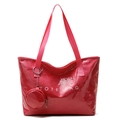 Glossy red tote bag set with mini pouch and TOTE BAG lettering on a white background - Rose Red
