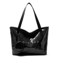 Black glossy patent leather tote bag with TOTE BAG print and round coin purse attachment - Black