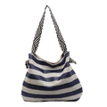Borsa da spiaggia a righe orizzontali blu e bianche in paglia intrecciata con spalline - Blu