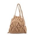Beige macrame straw bucket bag with hand-woven diamond pattern and drawstring closure - Small / Khaki