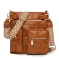 Borsa a tracolla in pelle marrone con tracolla larga bohémien e finiture dorate - Marrone