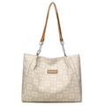 Beige Tragetasche mit Rautenmuster und braunen Lederriemen in der Variantenansicht - Beige